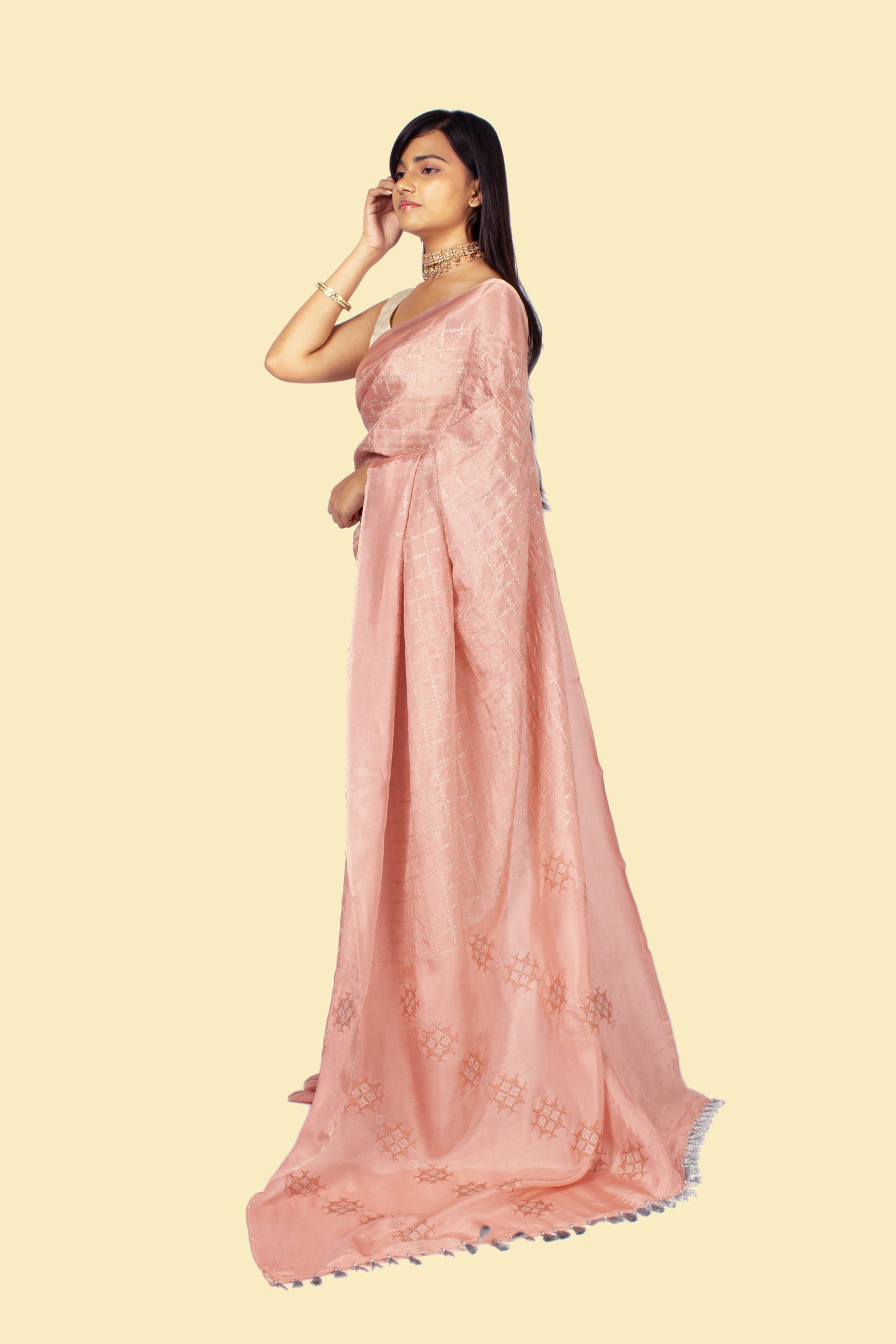 Baby Pink Jari Kasuti Checks Saree