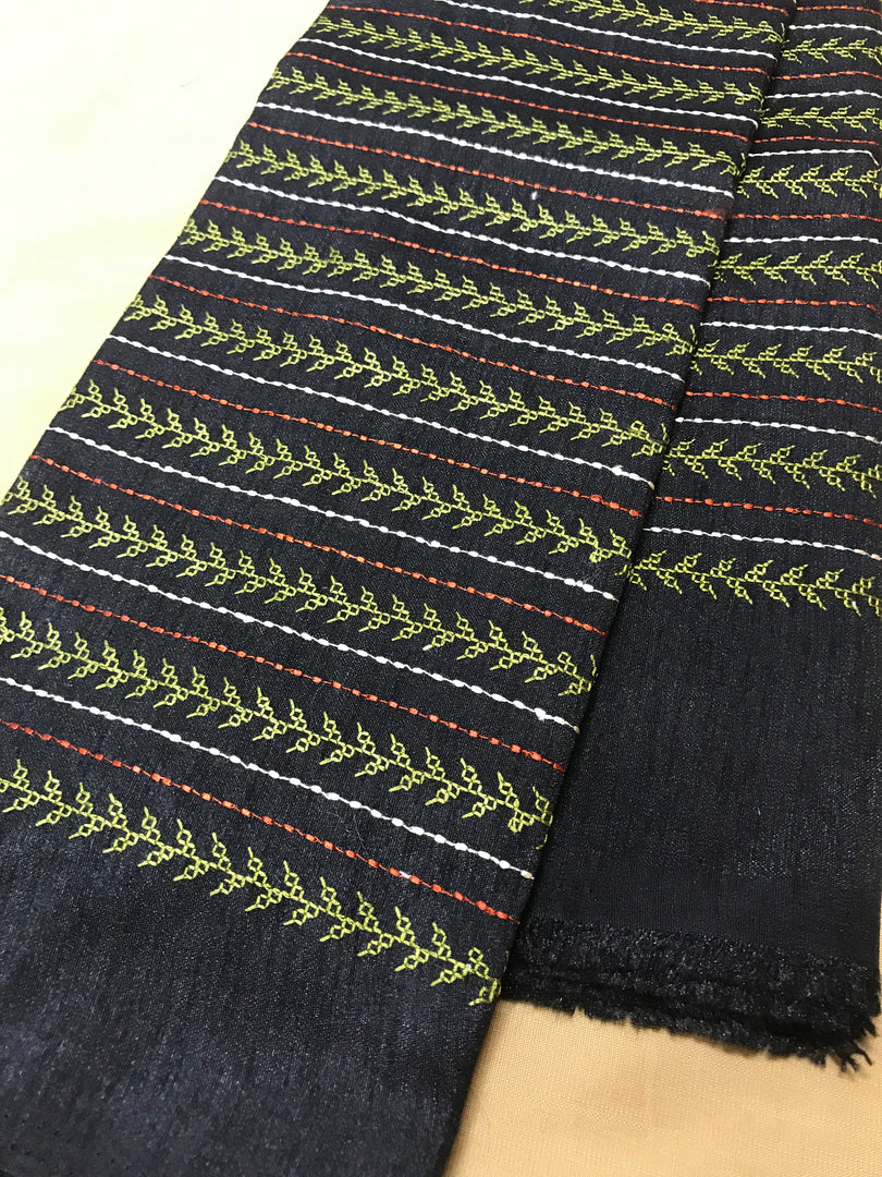 Black village kasuti blouse with embroidered village motifs front flat view