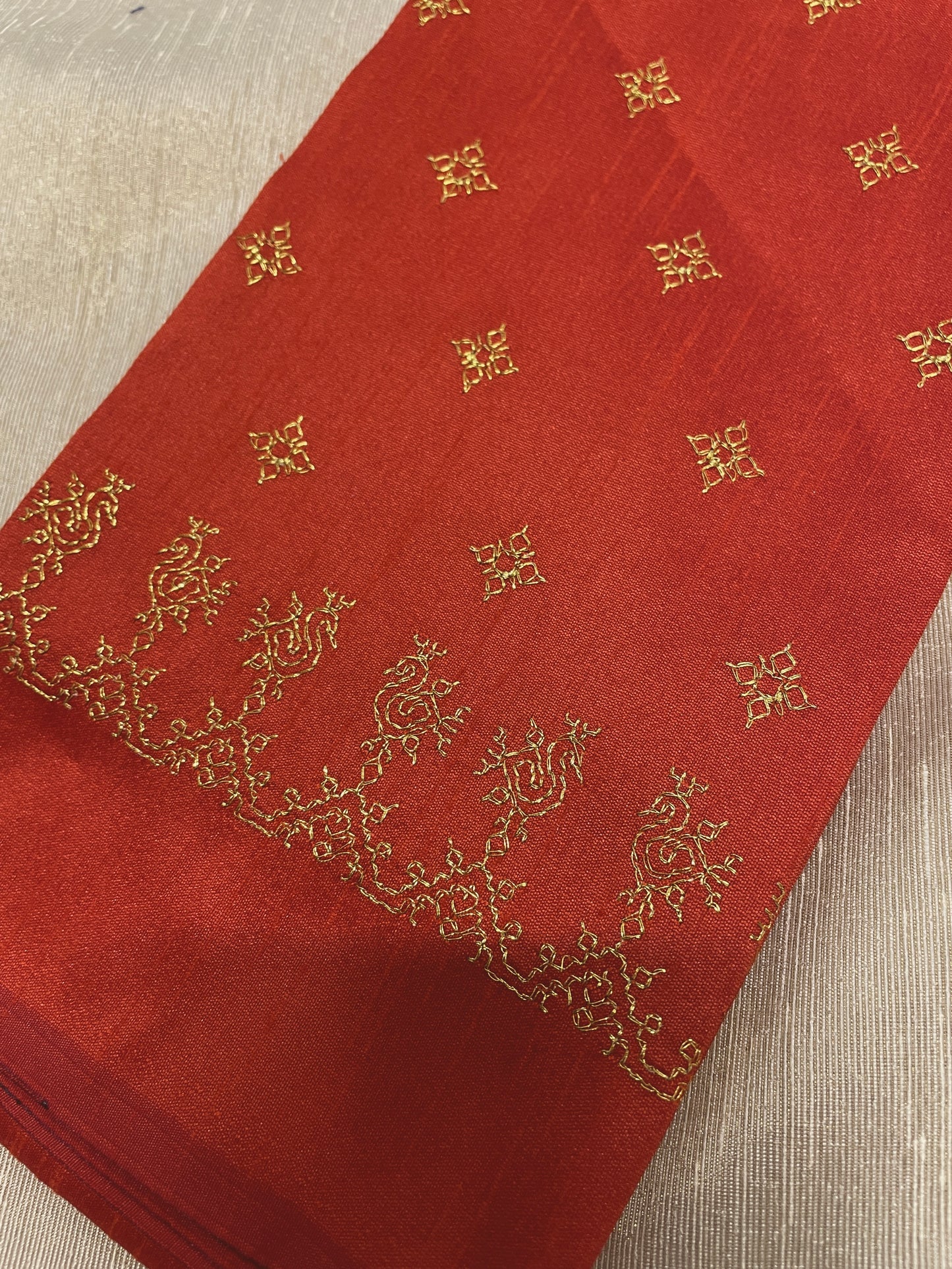 Reddish orange Peacock (gold Zari) Kasuti Blouse