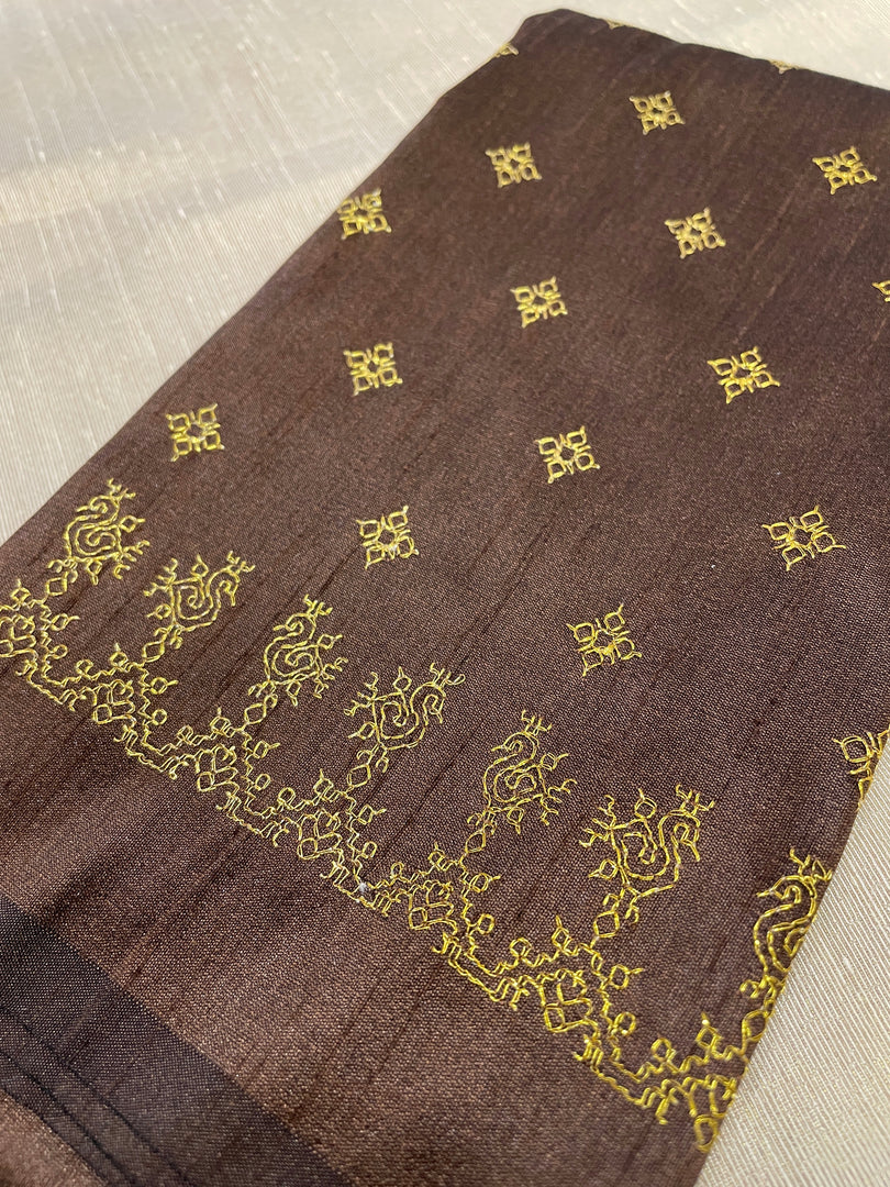 Coffee coloured blouse with peacock motif and gold zari embroidery