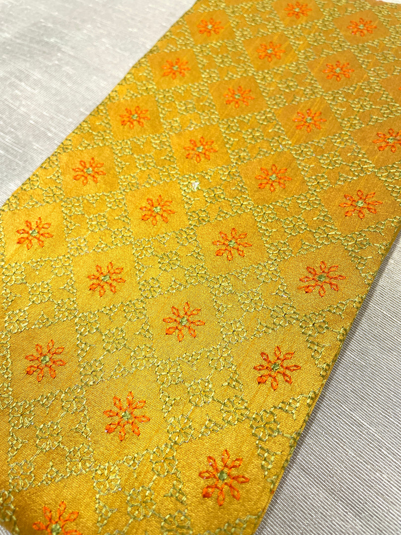 Hand embroidered mango yellow blouse showing sleeve design