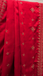 Load image into Gallery viewer, tulsi kasuti saree in red with embroidered motifs flat-lay