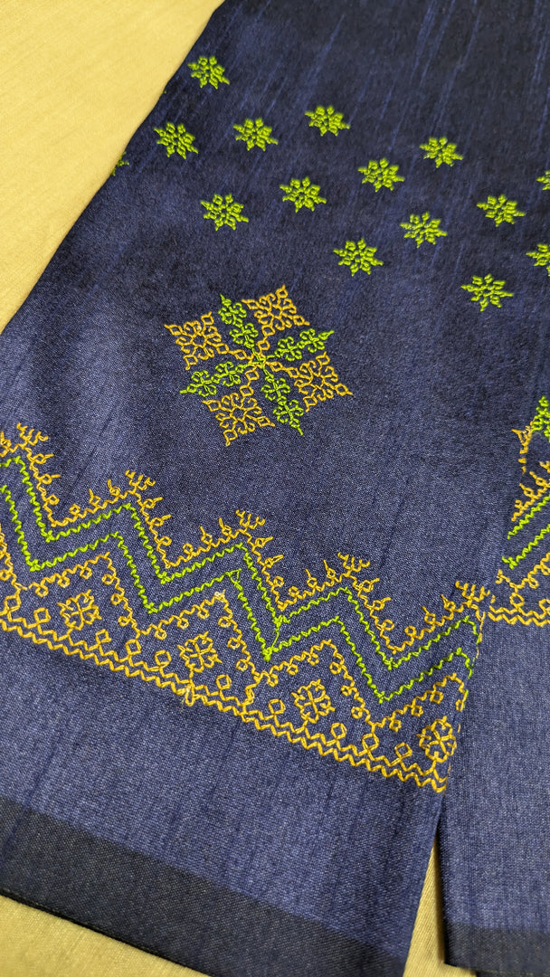 Navy blue kasuti blouse front view with traditional embroidery patterns