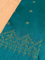 Load image into Gallery viewer, Peacock blue kasuti blouse angled view highlighting woven embroidery details
