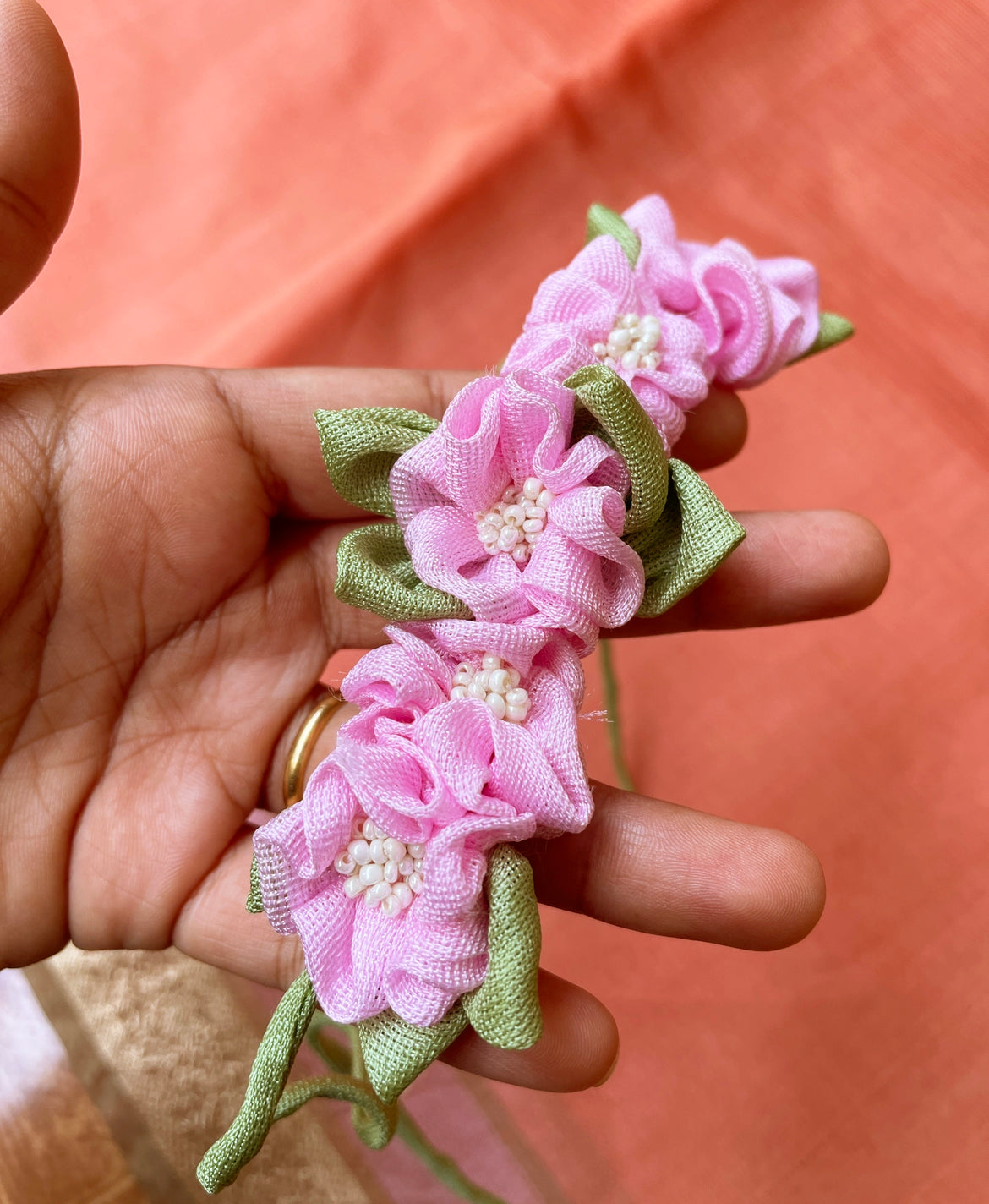 Baby Pink handcrafted fabric Gajra-Hairtie