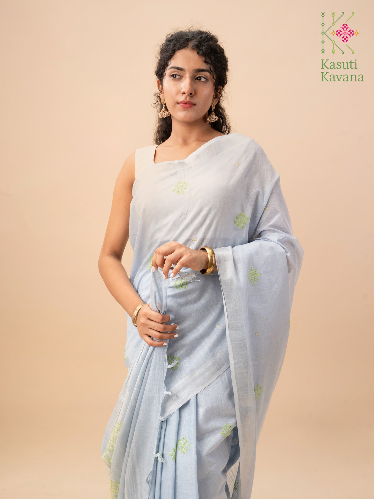 Sky Blue Floret Cross stitch Kasuti Saree
