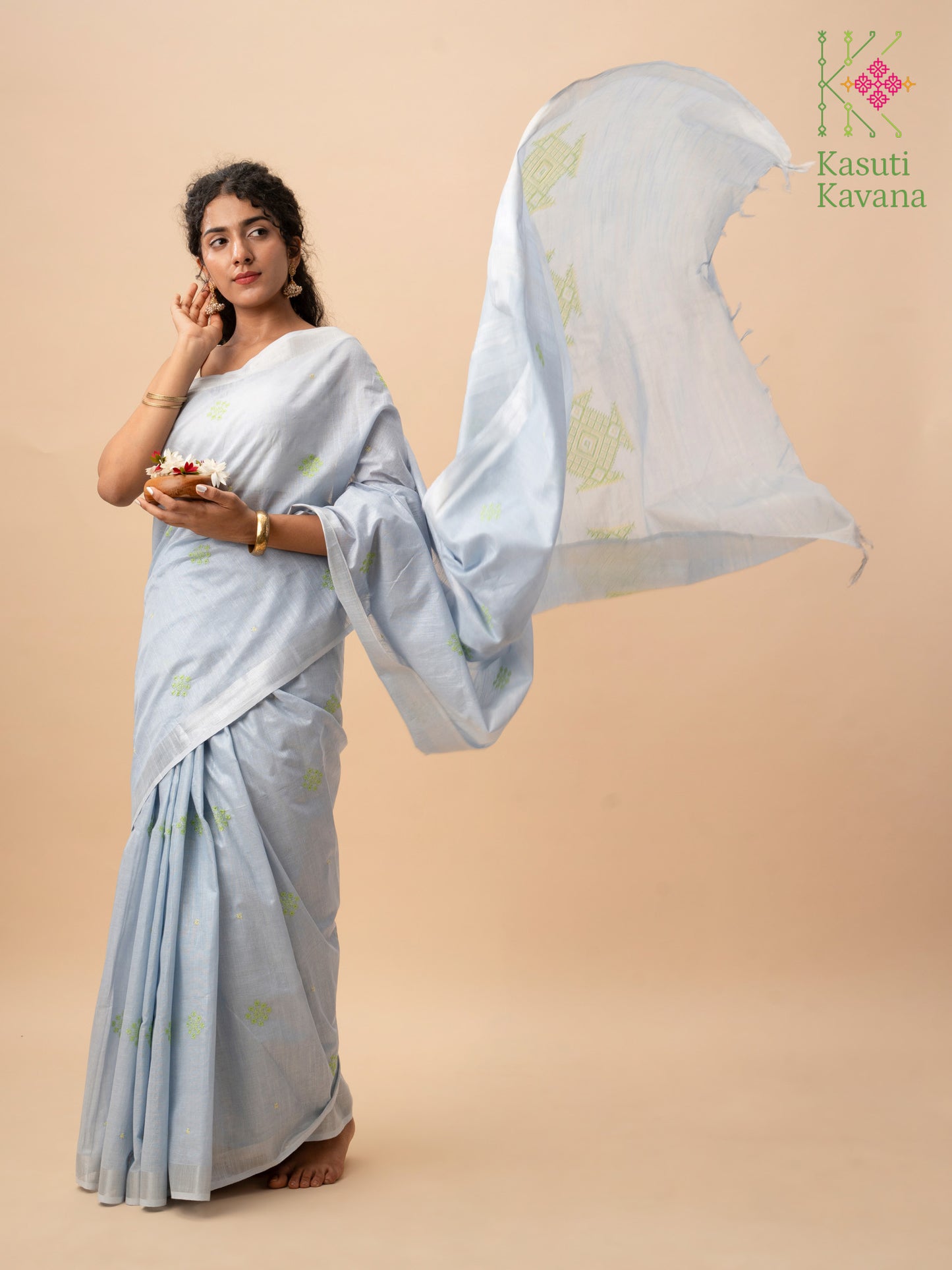Sky Blue Floret Cross stitch Kasuti Saree