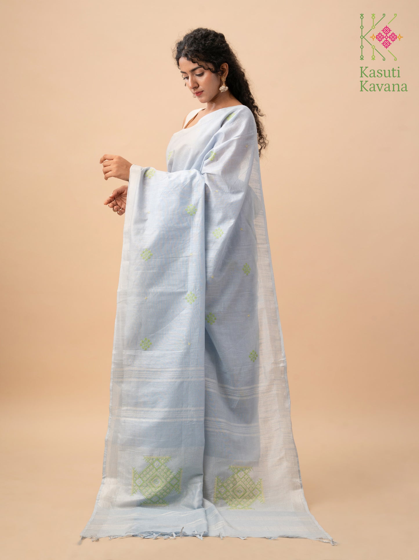 Sky Blue Floret Cross stitch Kasuti Saree