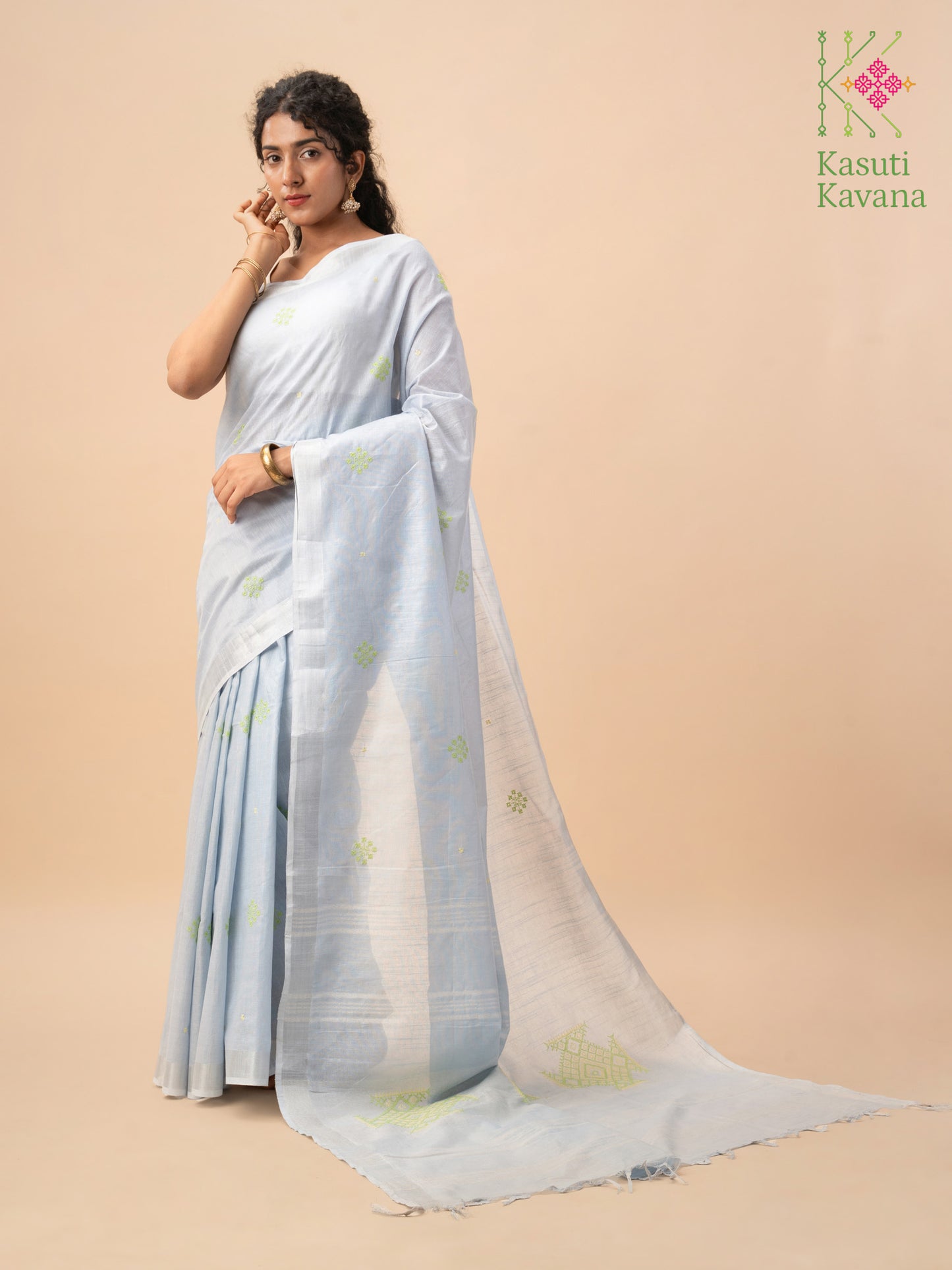 Sky Blue Floret Cross stitch Kasuti Saree
