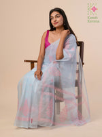 Load image into Gallery viewer, organza kasuti saree in blue pink petal design embroidery detail