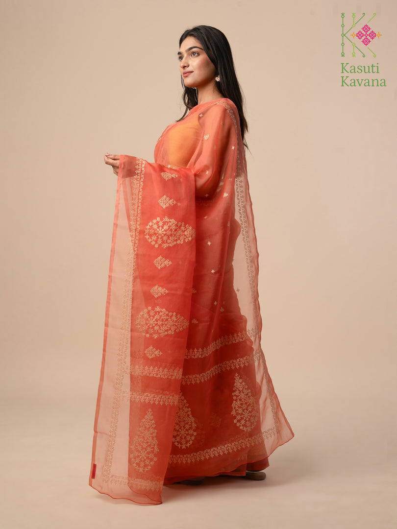 rust kasuti organza saree with embroidered border view