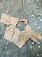 Load image into Gallery viewer, cream stitched blouse featuring kasuti garden embroidery front neckline view