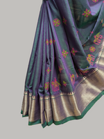 Load image into Gallery viewer, Embroidery close-up of neeli aane kasuti cotton saree fabric