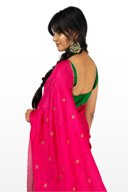 Pink flora butti saree with floral woven motifs front view