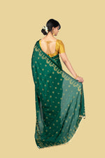 Load image into Gallery viewer, deep green golden goose saree pallu embroidery close-up