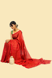 Red kasuti stripes saree with woven body detail