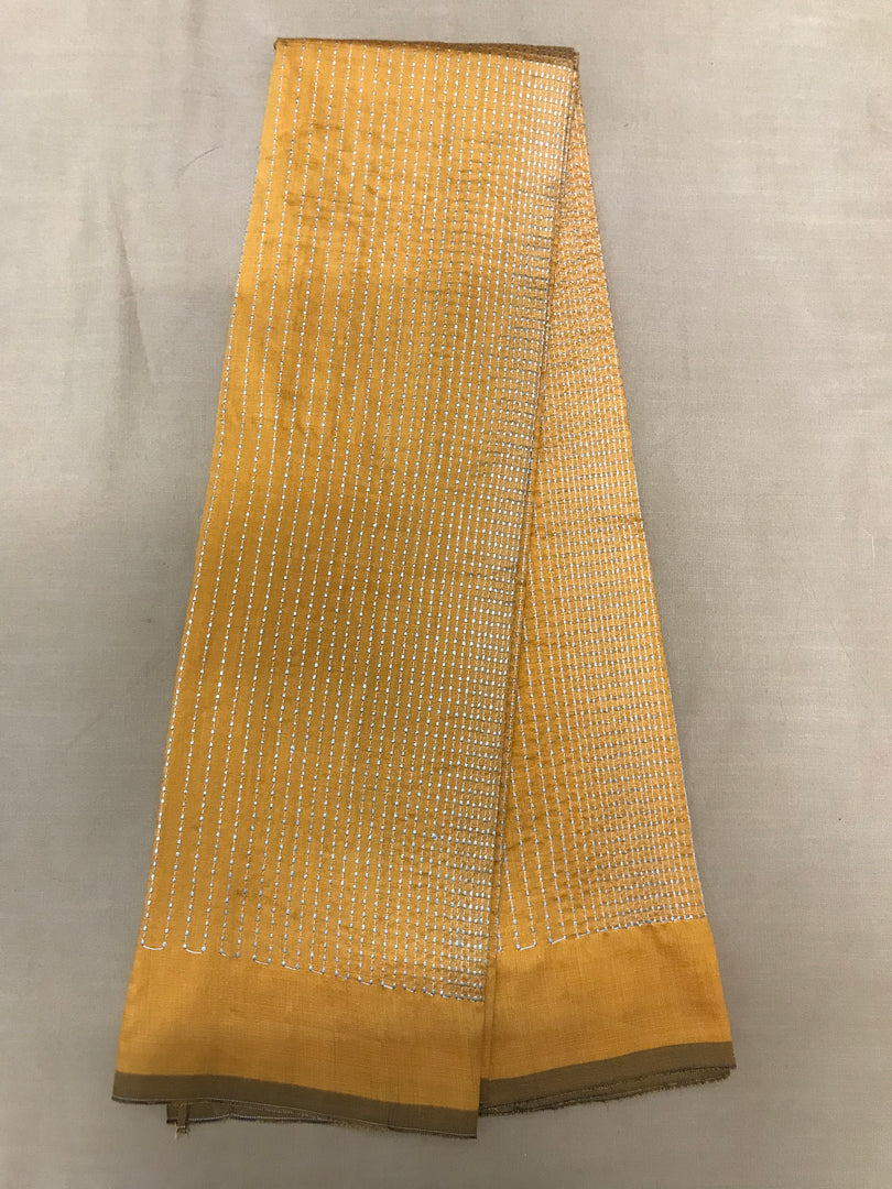 Mustard kanta stripes blouse featuring embroidered lines and round neck