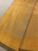 Load image into Gallery viewer, Back view of mustard kanta blouse with striped embroidery and closure
