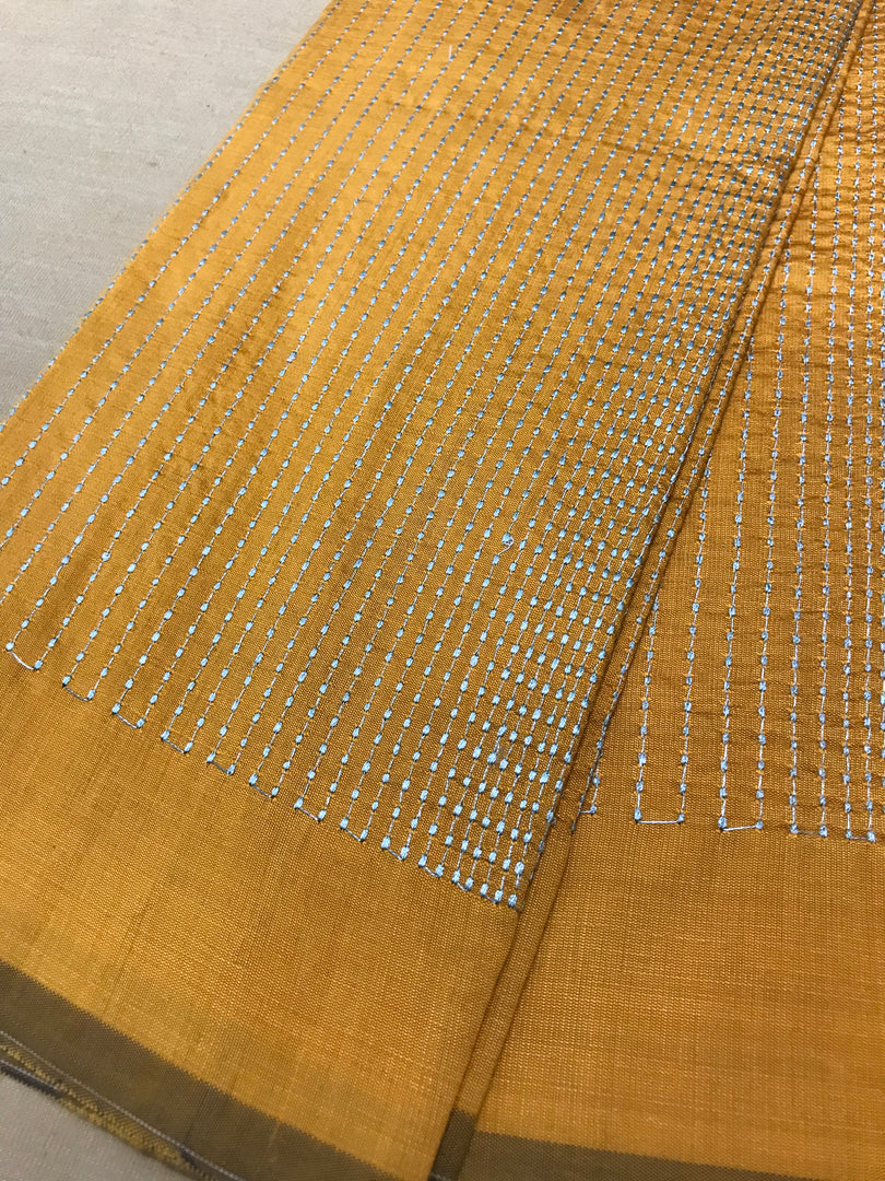 Back view of mustard kanta blouse with striped embroidery and closure