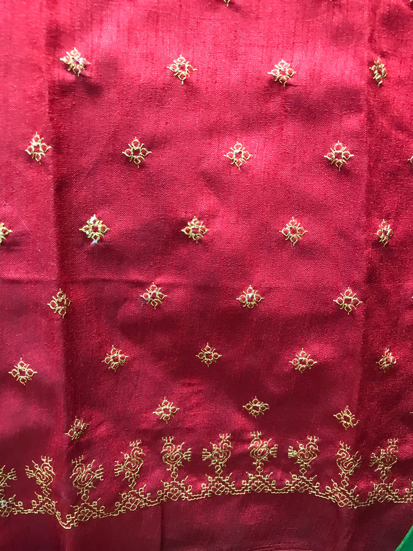 Full drape view of green saree with golden goose motifs