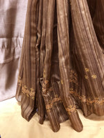 Load image into Gallery viewer, Side fold detail of brown parijat stripes saree
