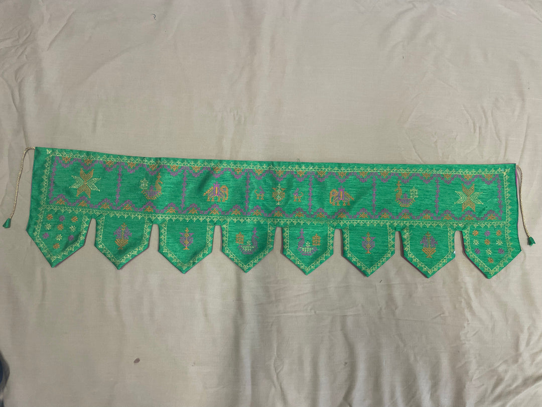 parrot green kubera toran with hanging bead detail