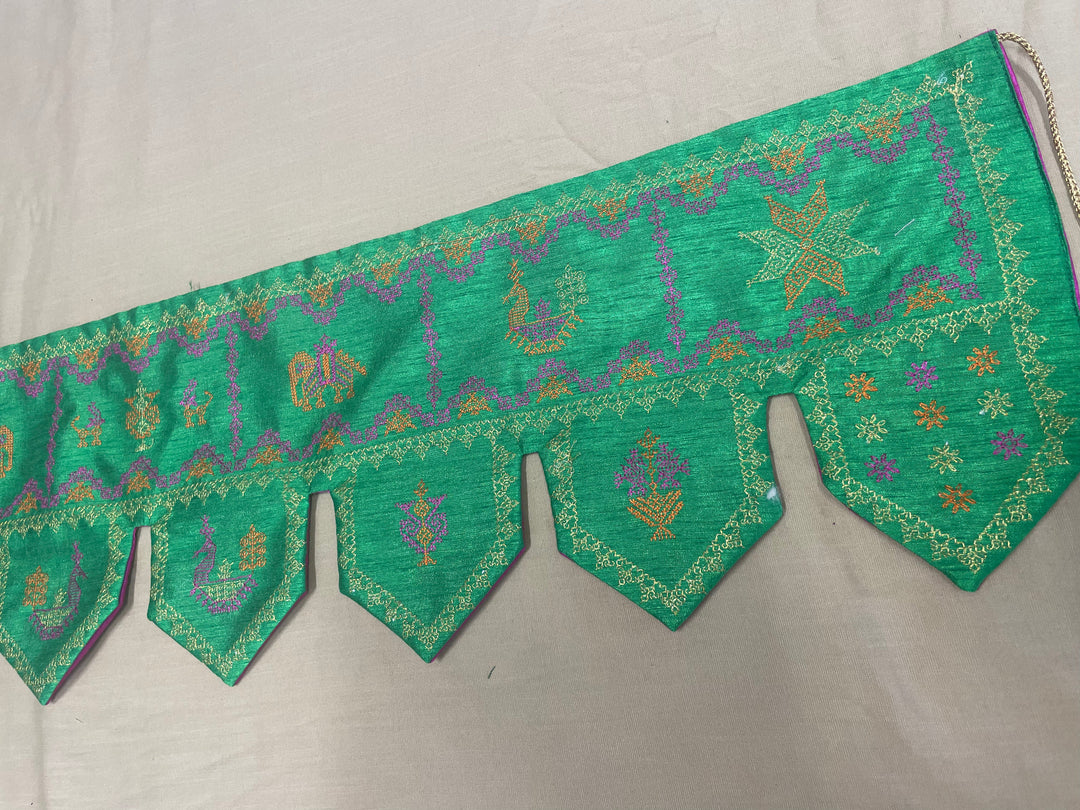 Hanging parrot green kubera toran with embroidered detail