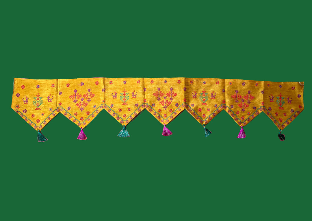 Mustard kasuti toran shown in close-up with threadwork patterns