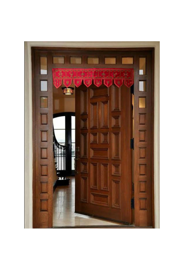 Hanging red kubera toran with beadwork and embroidery