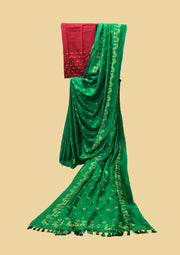 Green saree with golden goose motifs and woven zari border