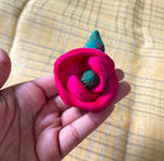 Load image into Gallery viewer, Side angle of red embroidered kasuti rose clip with clasp
