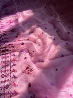 Load image into Gallery viewer, Drape view of pearl white organza kasuti saree with kasuti embroidery