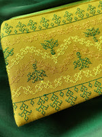 Load image into Gallery viewer, Side view of haldi maharani purse with embroidery and beaded tassels
