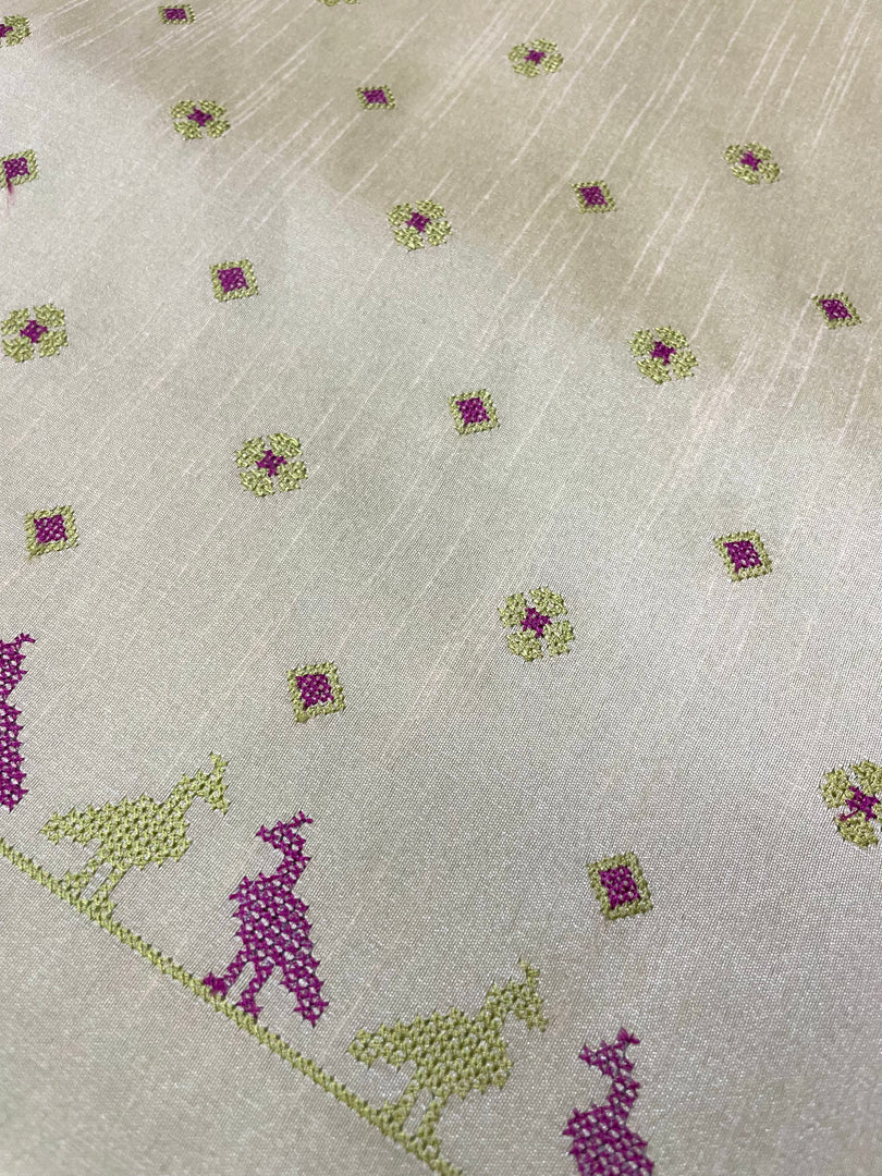 Coffee mayur blouse side angle showing detailed peacock embroidery