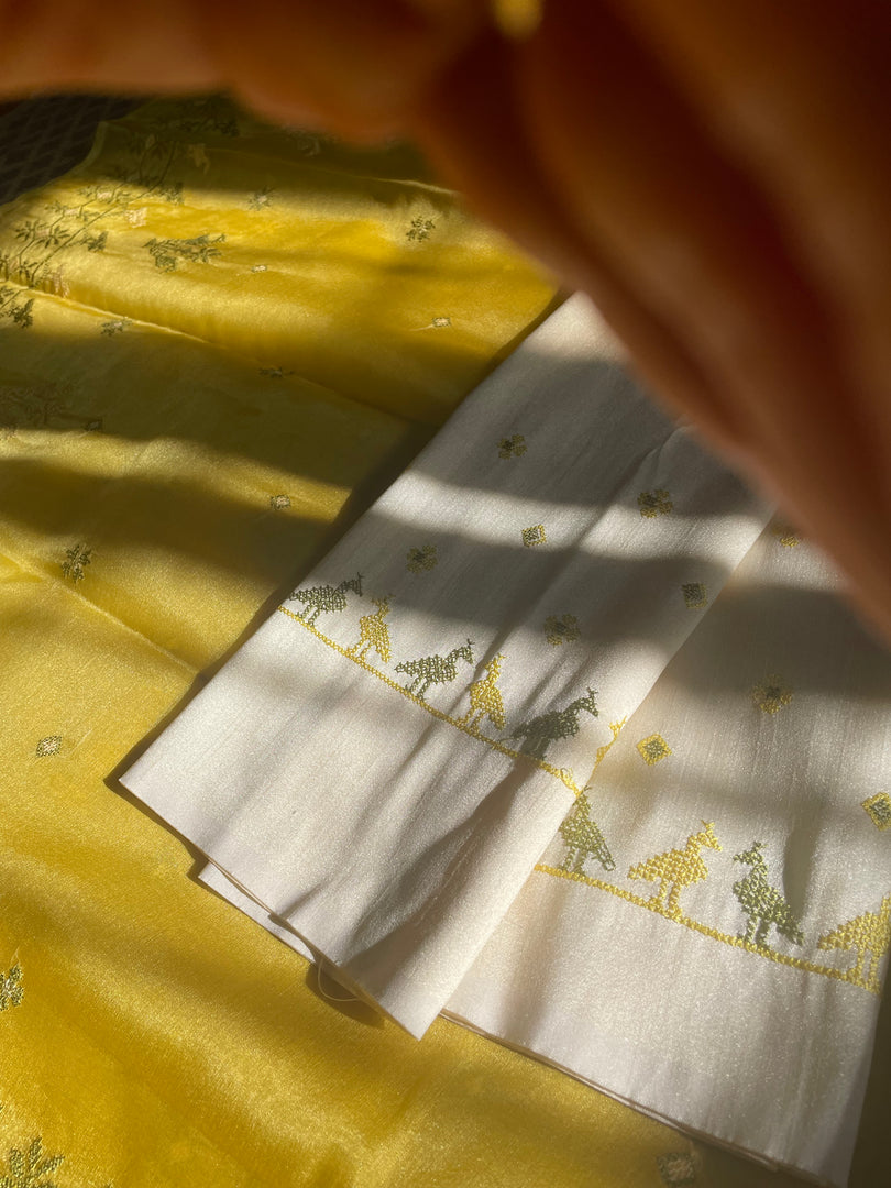 Beige kasuti organza saree close-up showing zari border and motifs