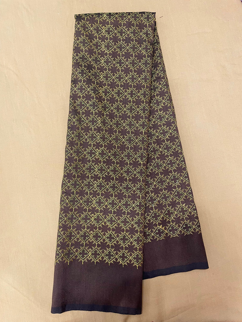 Close-up of coffee kasuti bloom blouse featuring floral embroidery