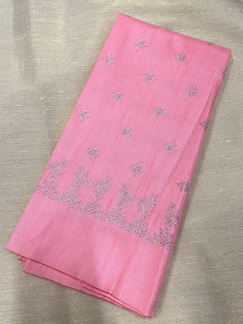 Baby pink peacock kasuti blouse showing front embroidery with peacock motifs