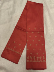 Reddish orange peacock kasuti blouse sleeve embroidery close-up