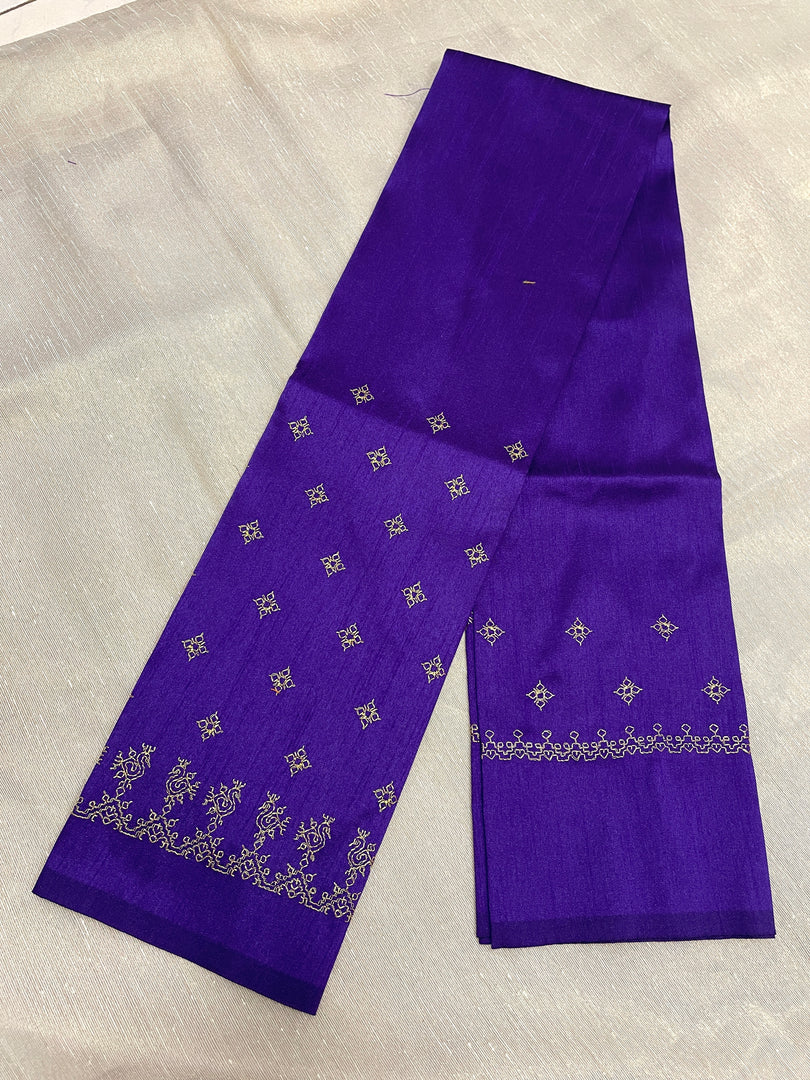 Deep purple peacock kasuti blouse sleeve embroidery close-up
