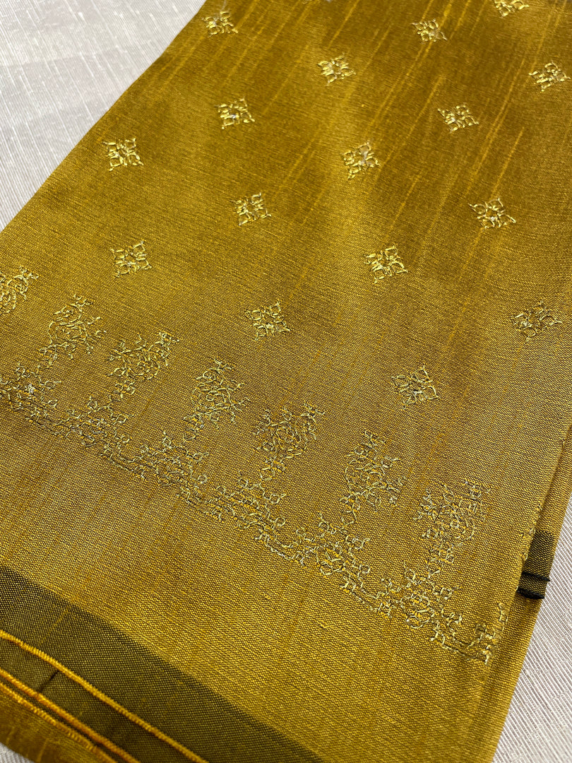 Mustard yellow blouse with peacock motif and gold zari embroidery