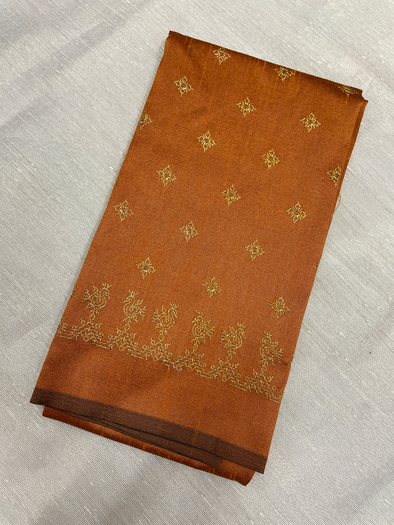 Rust orange peacock motif kasuti blouse back embroidery detail