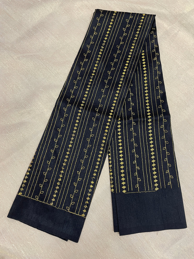 Black kasuti gold zari stripes blouse back embroidery close-up