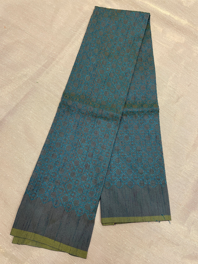 Blue green jaali kasuti blouse back embroidery detail
