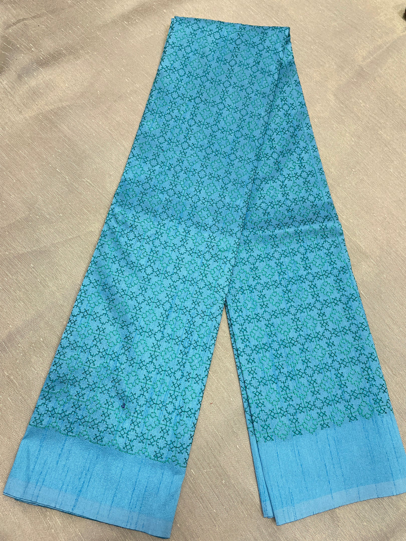 Sky blue kasuti garden blouse embroidery close-up view