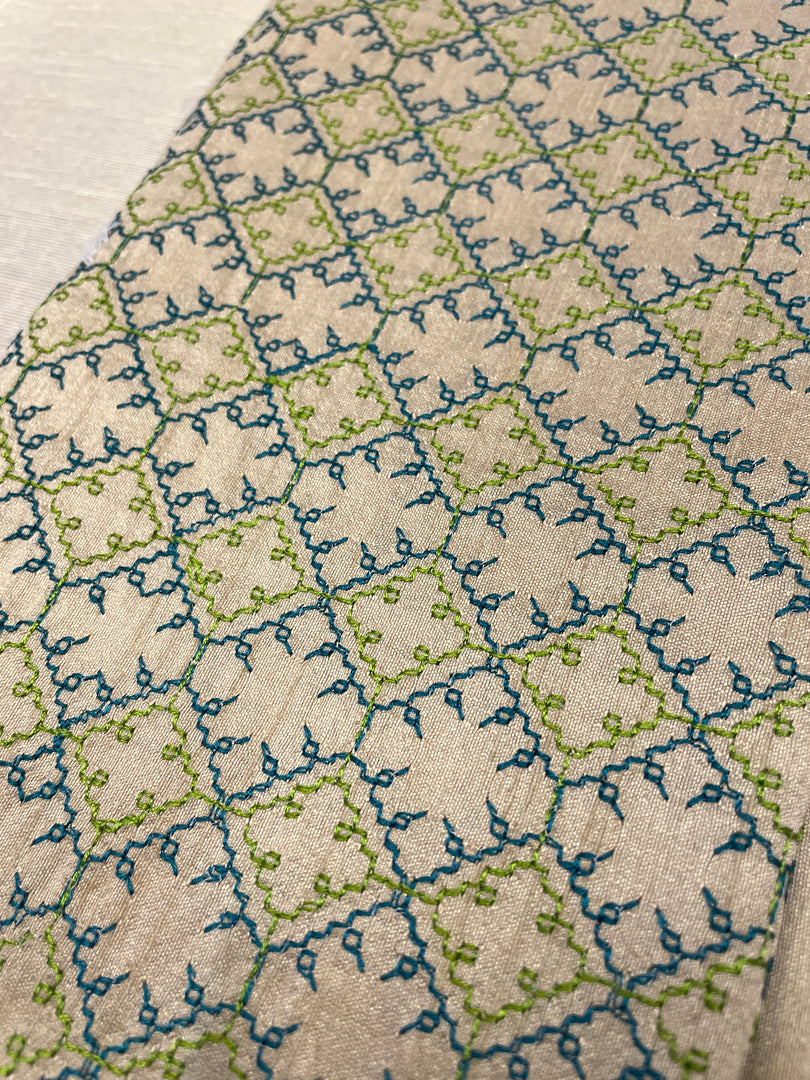 Beige kasuti bloom blouse with green floral embroidery