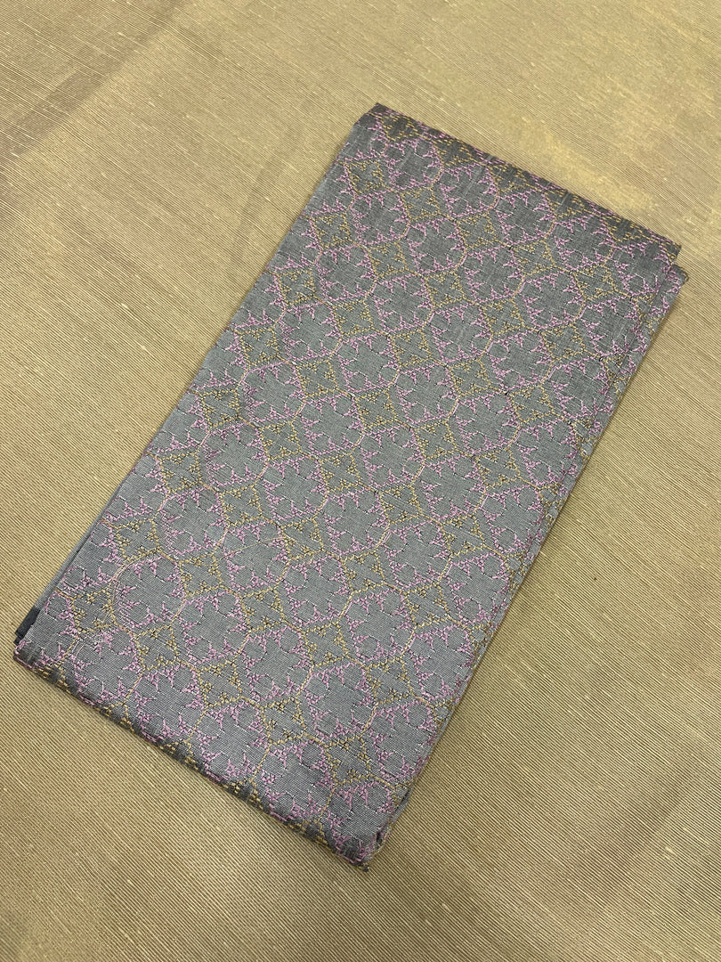 Grey blouse with kasuti embroidery detail on neckline