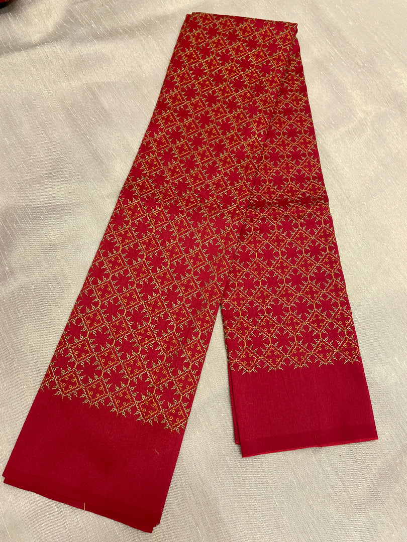 Embroidery close-up of kasuti floral patterns on red blouse