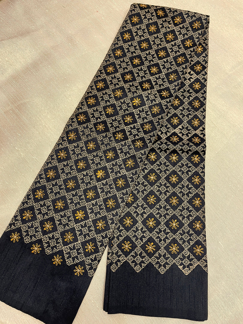 Black blouse back view with mustard kasuti embroidery
