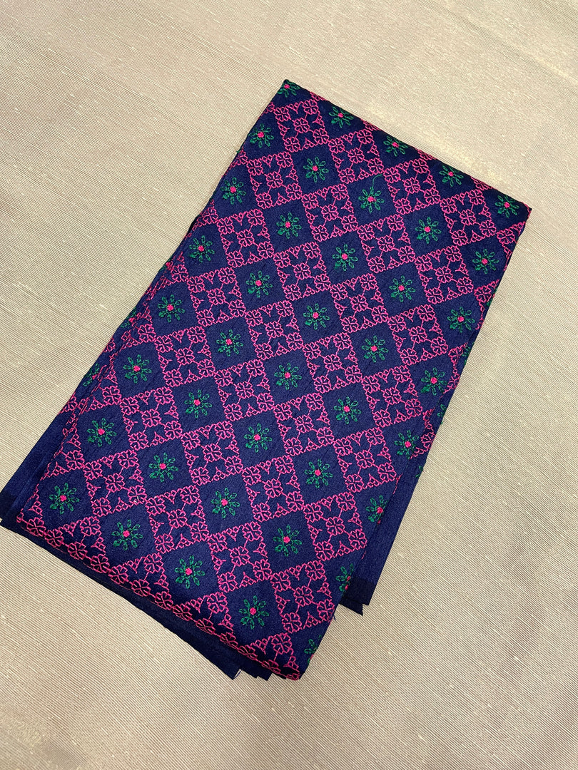 Embroidered sleeve view of navy blue kasuti traditional blouse