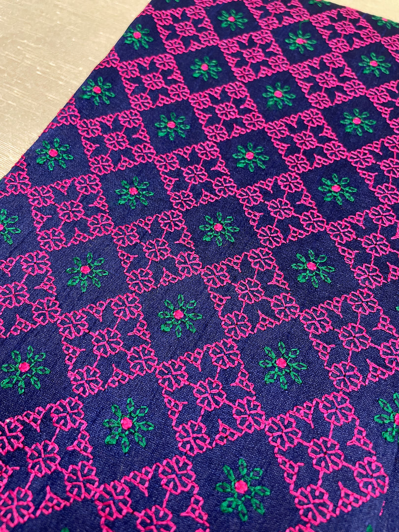 Navy blue chaya kasuti blouse with embroidered floral patterns